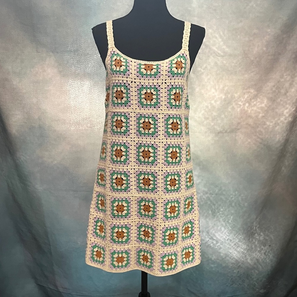 Crochet Granny Square Mini Dress Multi Color Boho Sleeveless Shift